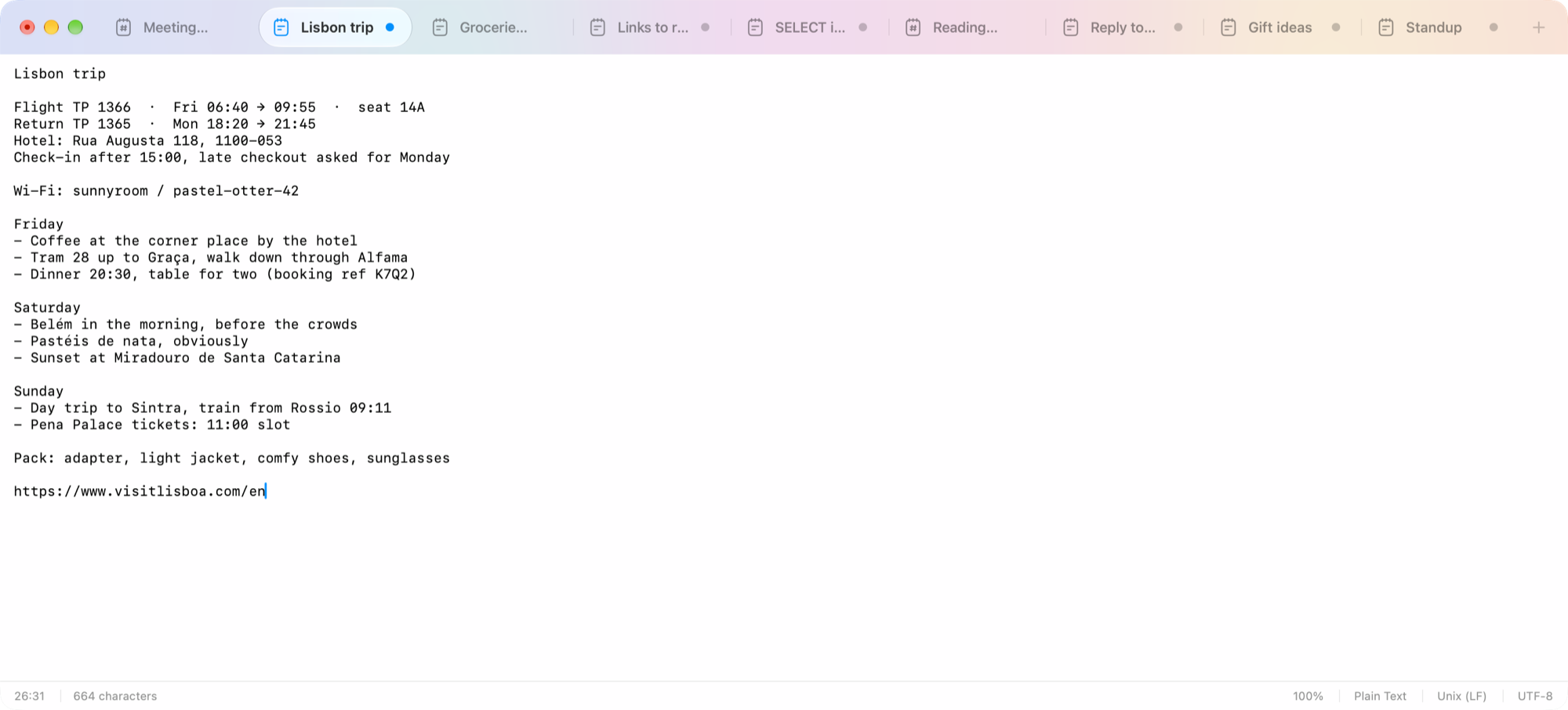 Untitled in Light Mode with seven tabs open, some saved files and some unsaved notes marked with a dot. The selected tab is an unsaved note with trip details pasted in.